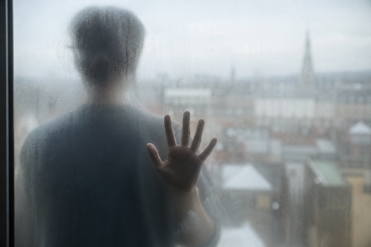 Persoon kijkt door beslagen glas als visualisatie van het gevoel van derealisatie